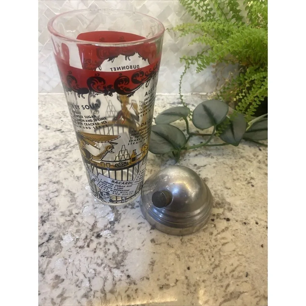 Vintage MCM Bartender‎ Bar Cocktail Shaker with Recipes Clear Glass speakeasy